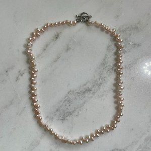 Dainty Pink Pearl Necklace with Stamped Sterling Silver Clasps